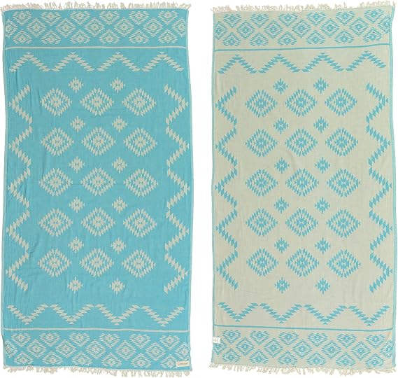 Bersuse 100% Cotton Teotihuacan Turkish Towel Beach Towel Bath Towel Dual Layer Peshtemal Beach Blanket Beach Essentials - 37x70 Inches, Turquoise
