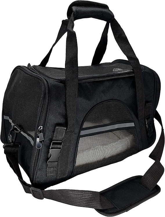 Durable Pet Travel Carrier Portable Outdoor Handbag Crate for Cat and Small Dog, Breathable Pet Bag with Safety Reflective Straps (Black)