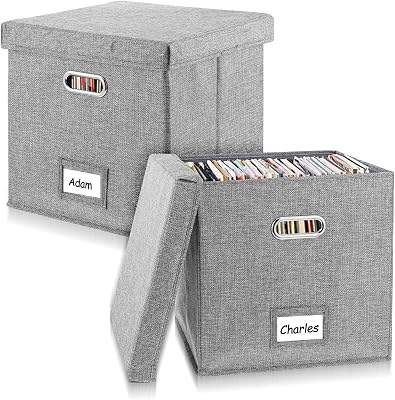 2 Pack Vinyl Record Storage Box, 13 Inch Lps Organizer with Lid, Play Music Collection Holder, Holds 100 Albums, Stackable Crate with Handles for Home, Office, Studio