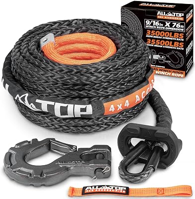 ALL-TOP Synthetic Winch Rope wHook & Isolator, 916in x 76ft, 35000Lbs UHMWPE Cable Replace Kit, Forged Hook & Rubber Stopper & Safety Pull Strap