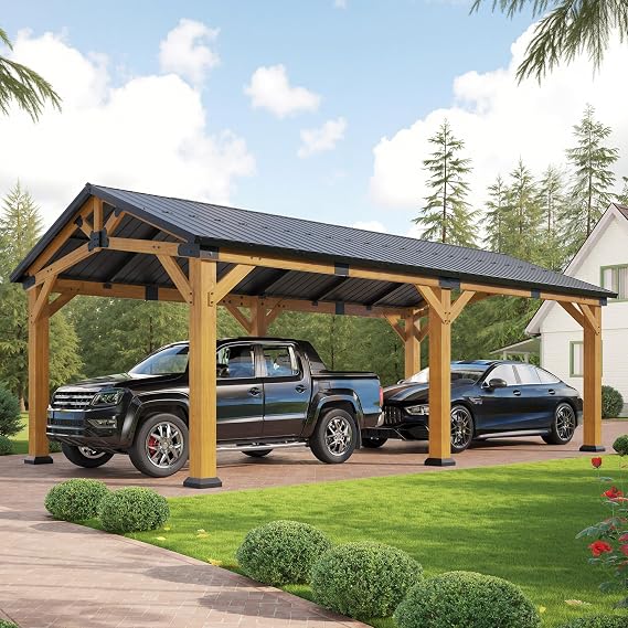 Jocisland 12x24x9.5 FT Cedar Wood Carport with Galvanized Steel Gable Roof | Waterproof Outdoor Hardtop Gazebo Pavilion, Heavy-Duty Snow & Wind Resistant Canopy for Patio, Driveway, Garden