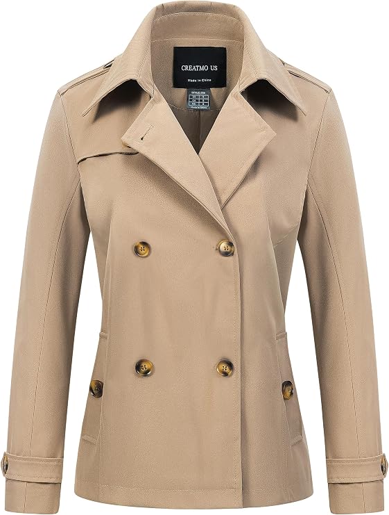 CREATMO US Women's Cropped Trench Coat Classic Double Breasted Lapel Jacket Water Repellent Outerwear