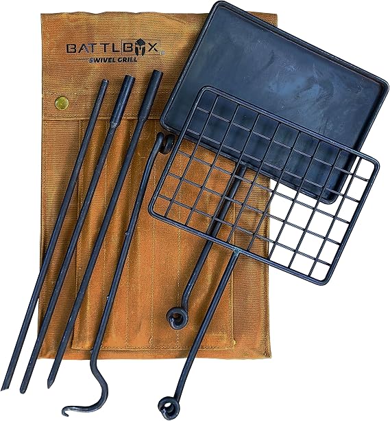BattlBox Swivel Grill Set, Bushcraft Steel Campfire Camping Cooking Grate
