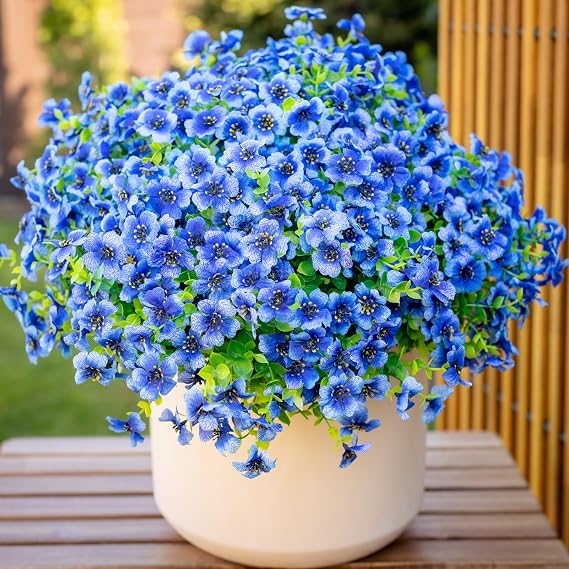 AXYLEX Artificial Flowers for Outdoors, 16 Bundles Fake Plants (Blue) | UV resistant faux plastic flowers, no fade artificial greenery garden, patio, porch & home