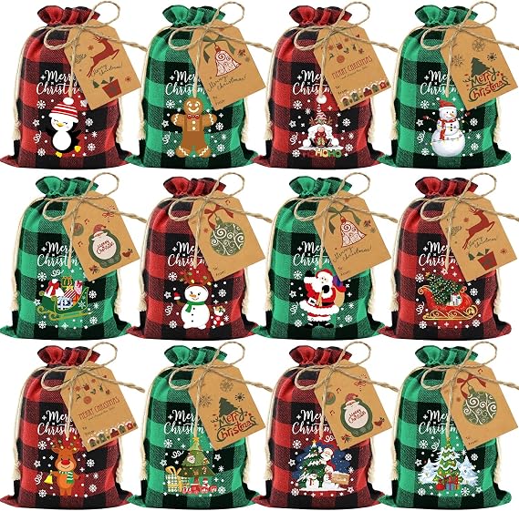 Aviski 36PCS Cotton Medium Christmas Drawstring Candy Treat Bags Buffalo Plaid Xmas Xmas Christmas Fabric Goody Gift Sacks Reusable Gift Wrapping Bags Holiday Party Favors - Red/Green