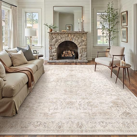 HUGEAR Area Rug 9x12 Vintage Beige Machine Washable Living Room Rugs Thin Neutral Floral Vacuumable Low Pile Carpet Bedroom Office Dining Room Laundry Room Non Slip Soft Lightweight