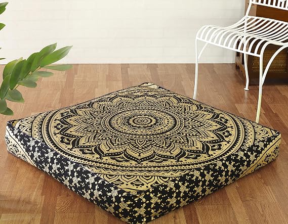 Popular Handicrafts Indian Hippie Mandala Floor Pillow Cover Square Ottoman Pouf Cover Daybed Oversized Cotton Cushion Cover with Heavy Duty Zipper Seating Ottoman Poufs Dog-Pets Bed 35" Black Gold