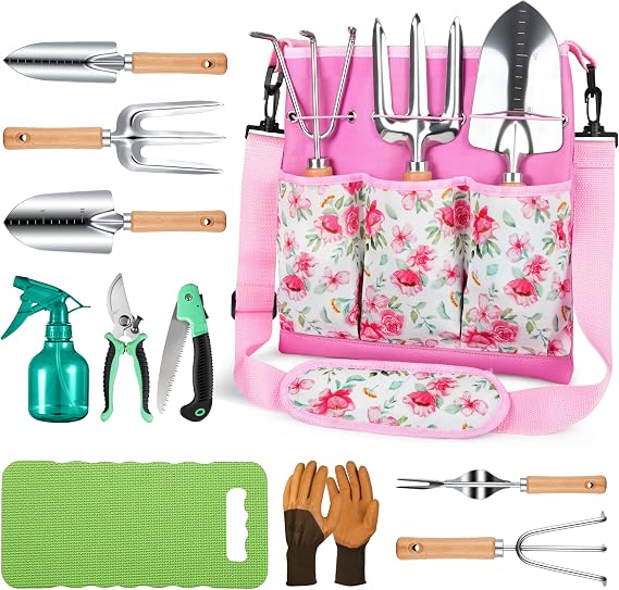 Grenebo Gardening Tools Set, 11-Piece Rust-Proof Kit with Bag, Pink