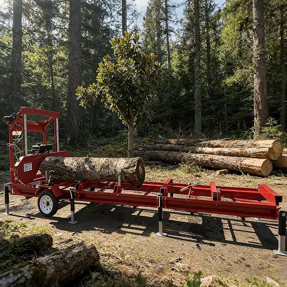 32" Portable Sawmill, Gas-Powered w/15HP 420cc Engine, 188.74"Cutting Length, Quick-Adjust Saw Head, 12-8 High-Speed Tires & Trailer Hitch