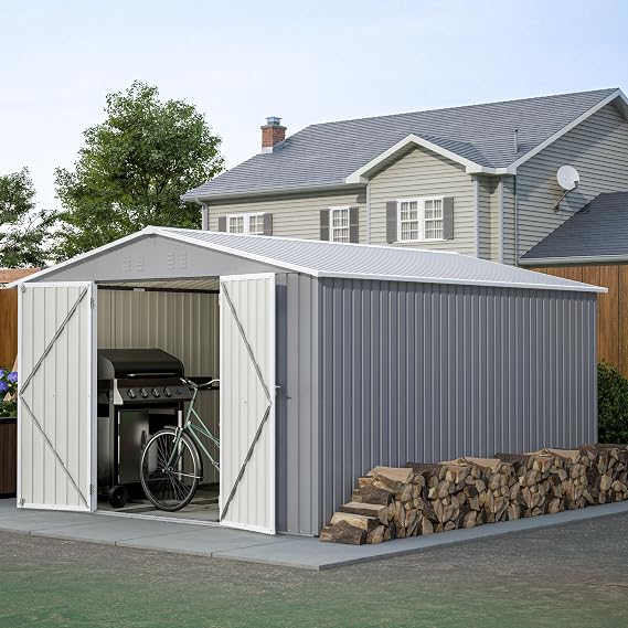 10x12 FT Outdoor Storage Shed with Lockable Double Doors, Aluminum Frame, Weatherproof with Frame Floor, Metal Tool Shed for Garden, Backyard, Patio, and Equipment Storage