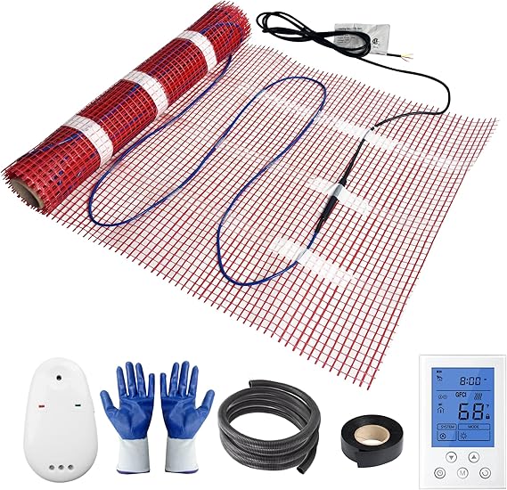 Electric Radiant Floor Heating System, 100 Sq.ft Electric Heated Floor Mats for Bathroom, Includes Programmable Thermostat, Heat Mat, Installation Monitor, and Temperature Sensors
