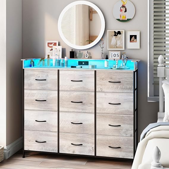 Dresser for Bedroom with 12 Drawers LED Dressers & Chests of Drawers Charging Station Fabric Dresser Storage Organizer Unit for Hallway Entryway Closets Sturdy Steel Frame Wood Top Gray