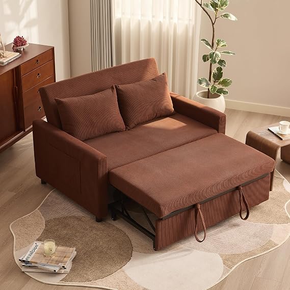 2 Seater Sofa Bed, 3-in-1 Convertible Pull Out Sleeper Sofa, Set of Corduroy Fabric Loveseat with Adjustable Backrest & Side Pockets for Living Room, Guest Room, Apartment,Brown