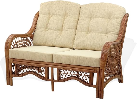 Lounge Malibu Loveseat Sofa ECO Natural Rattan Wicker Handmade Design with Cream Cushions, Cognac