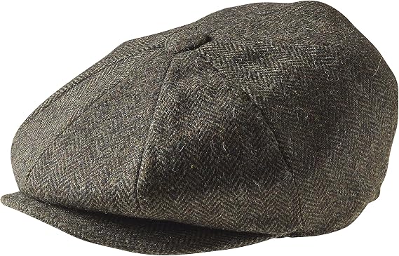 Peaky Blinders 'Newsboy' Style Flat Cap -Tweed Wool Fabric Variations (Small (55 cm), Green Herringbone)