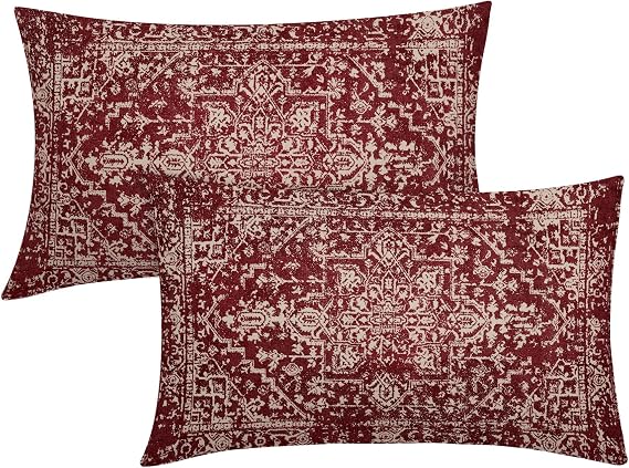 Burgundy Red Boho Lumbar Pillow Covers 12x20 Inch Bohemian Carpet Ethnic Decorative Rectangle Pillow Cases Beige Tan Gray Floral Cushion Covers Farmhouse Home Decor For Sofa Couch Outdoor Set of 2