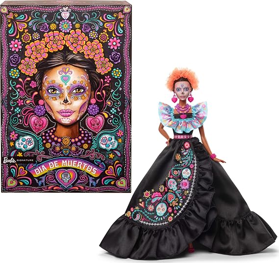 Barbie Signature Doll, 2024 Dia De Muertos Collectible in Black Dress with Blue Ruffle Top, Embroidered Print, and Colorful Accessories