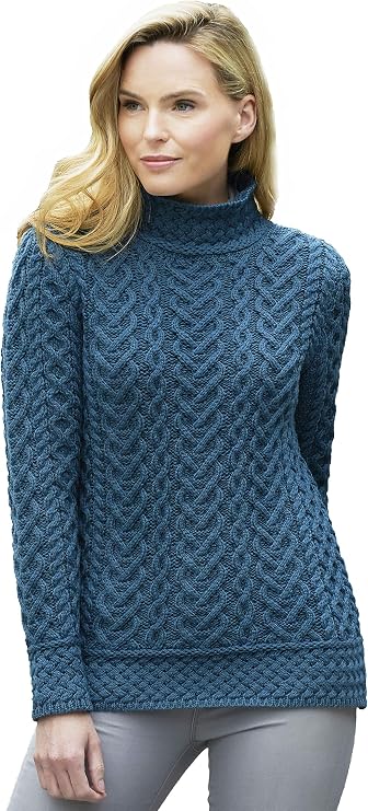 Aran Crafts Women's Cable Knit High Neck Sweater (100% Super Soft Merino Wool)