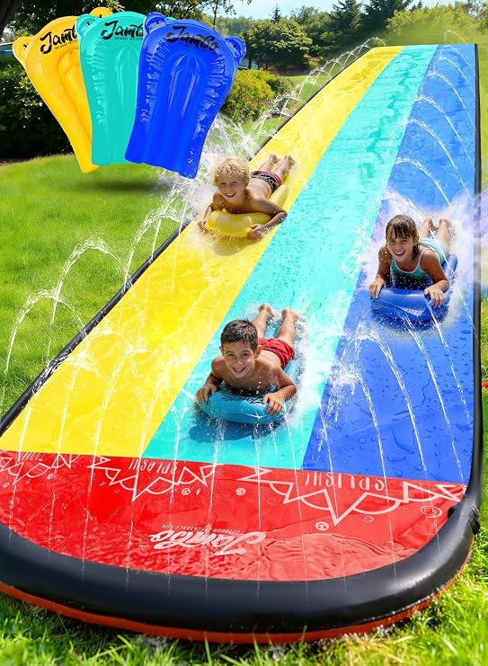 JAMBO XL 20Ft Premium Slip and Slide with 3 Bodyboards, Heavy Duty Water Slide- Advanced 3-Way Water Sprinkler System, Backyard Waterslide Outdoor Water Toys n Slides for Kids, Water Soaker