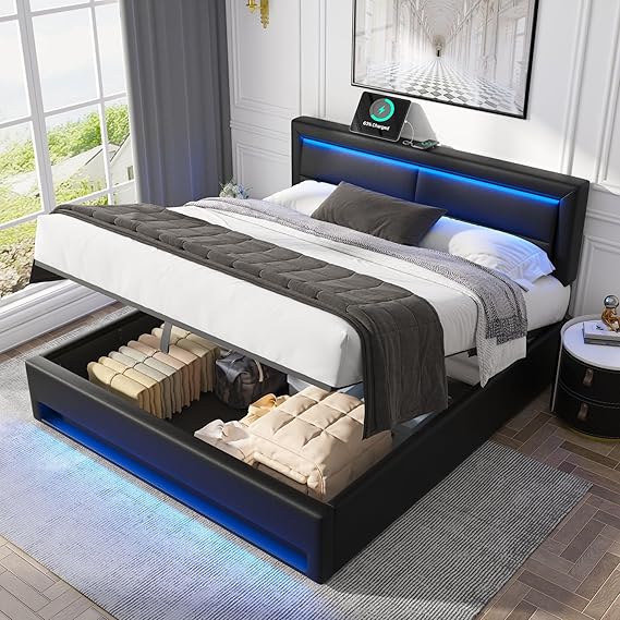 6ft Upholstered Super King Bed Frame with Storage and LED lighting, Ottoman Bed Double 180x200 cm with USB Port (supports wireless and wired charging) and Headboard, PU, Black, No Mattress