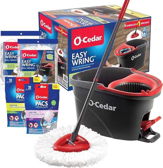O-Cedar EasyWring Microfiber Spin Mop & Bucket Floor Cleaning System + 2 Extra Mop Head Replacements with Citrus and Lavender Pacs (Variety Pack)