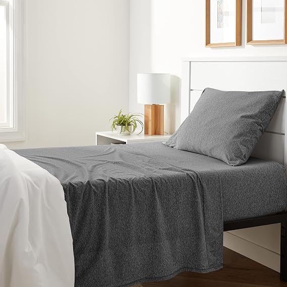 Amazon Basics Breathable, Stretchy 3 Piece Bed Sheet Set, 100% Cotton Jersey Knit, Includes Flat and Fitted Sheets, Pillowcase, Machine Washable, Twin, Dark Gray, Solid