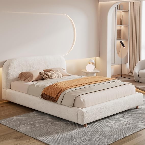 Double Upholstered Bed Frame with Storage, 4FT6 Ottoman Bed with Round Silhouette and Hydraulic Storage, Arched Headboard, Boucle Fabric, 135x190 cm (No Mattress)