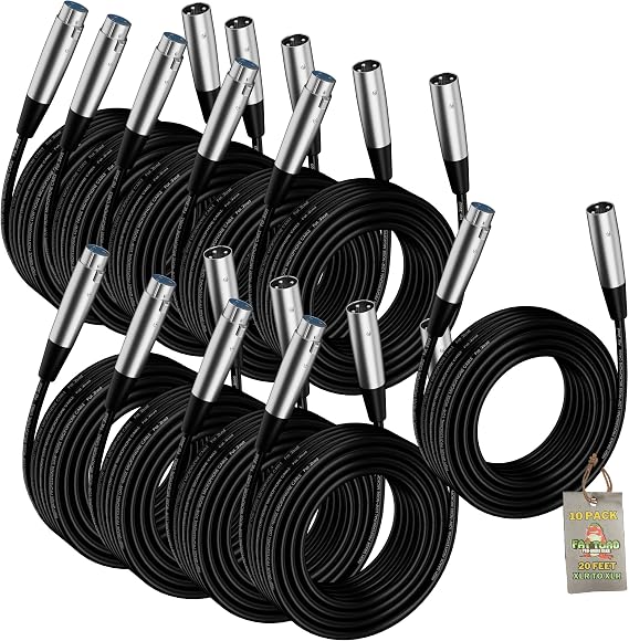 Fat Toad 20FT XLR Microphone Cables (ShieldedPRO X Series) 10-Pack Audio Mic Patch Cords with Male to Female Connectors, Balanced for Studios