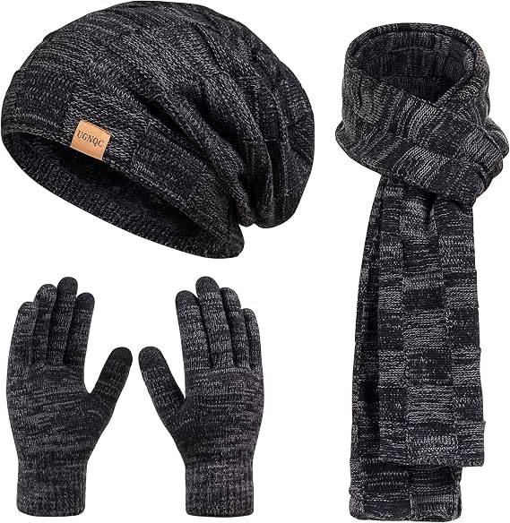 Beanie Hat Scarf Touchscreen Gloves Set for Men and Women, Fleece Lined Warm Winter Beanie Gloves Long Neck Warmer Set