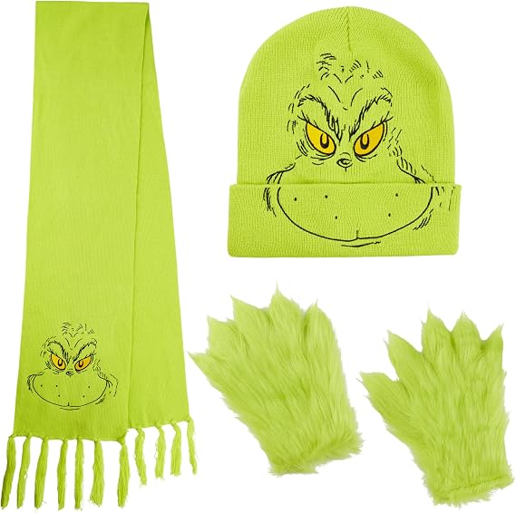 The Grinch Winter Beanie Hat Scarf Gloves Set, Warm Fleece Knit Christmas Holiday Gifts for Women