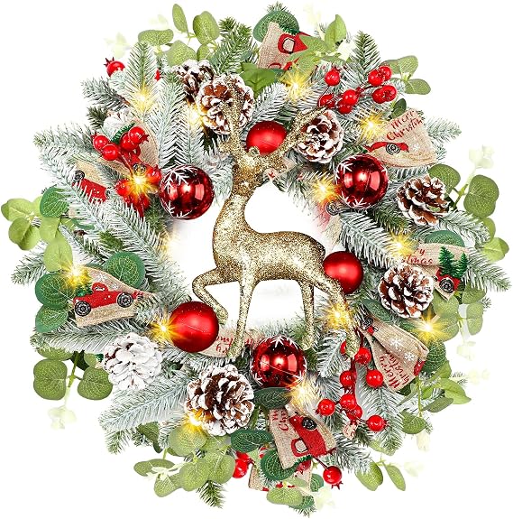 Knitgrip Pre-lit Christmas Wreaths for Front Door 13.7 Inches Christmas Reindeer Wreath Decorations with Red Ball Pine Cones Ornaments 20 LED Lighted Hoop for Xmas Outdoor Wall Window