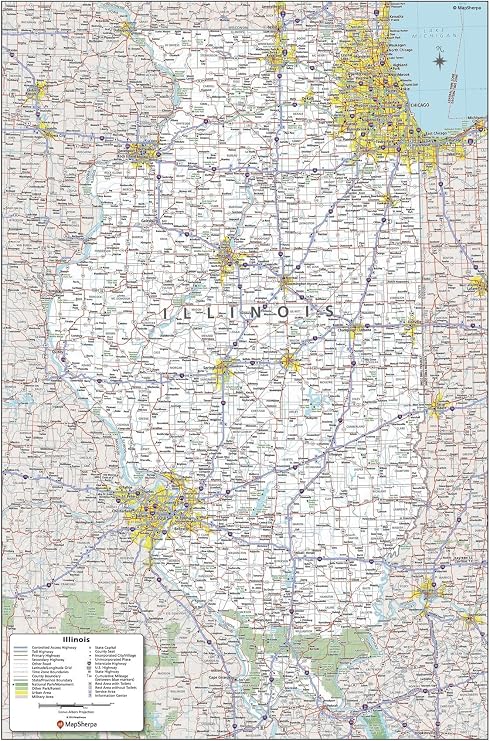 MapSherpa: Illinois State Wall Map - 24 x 36 inch Poster - Front Lamination