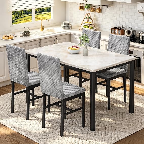 DKLGG Dining Table Set for 4 Kitchen Table and Chairs Set of 4 Faux Marble Dining Room Table Set Dinner Table with 4 Velvet Upholstered Dining Chairs for Small Space Apartment (Beige & Grey)