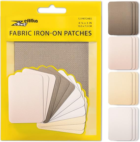 ZEFFFKA Premium Quality Fabric Iron-on Patches Inside & Outside Strongest Glue 100% Cotton Shades of Brown Beige Khaki Repair Decorating Kit 12 Pieces Size 3" by 4-1/4" (7.5 cm x 10.5 cm)