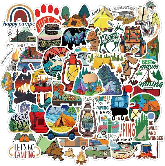 Outdoor Hiking Adventure Camping Water Bottle Stickers,50Pcs Kids Aesthetic Vinyl Waterproof Decorative Sticker,Luggage Motorcycle Wilderness Nature Decals for Camper Boys Adults Teens Girls