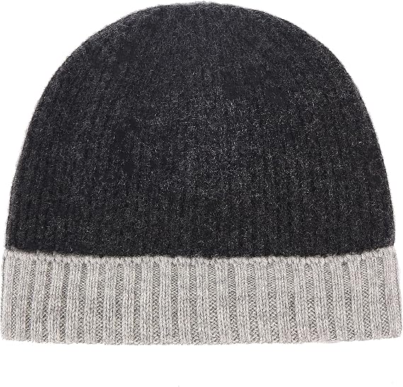 Pure 100% Cashmere Bi-Color Beanie for Men, Warm Soft Mens 3Ply Cashmere Beanie Hat in a Gift Box; Ultra Plush