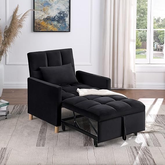 Lakifun 3-in-1 Single Convertible Chair Bed,Single Sleeper Sofa Chair Bed with Pillow & Pocket, Multi-Functional Sleeper Chair Living Room Chair with Velvet Fabric (Black)