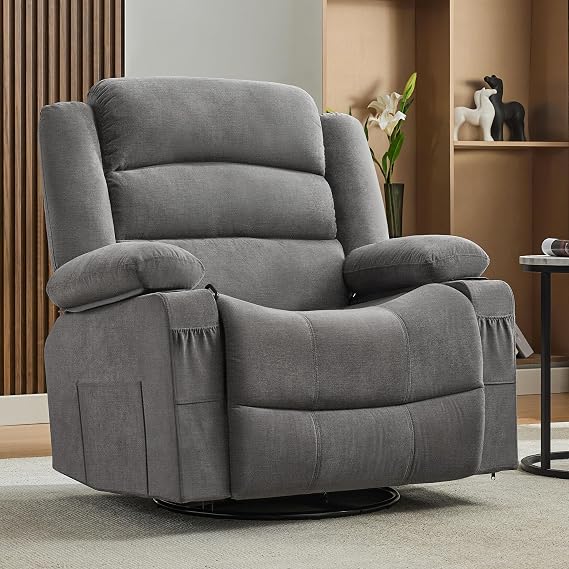 Rocker Recliner Chair with Heat and Massage, 360 Swivel Nursery Rocking Chairs for Adults, Oversized Recliner Single Sofa Seat with Cup Holders, Lazy Boy Recliner Single Sofa (Manual, Grey)
