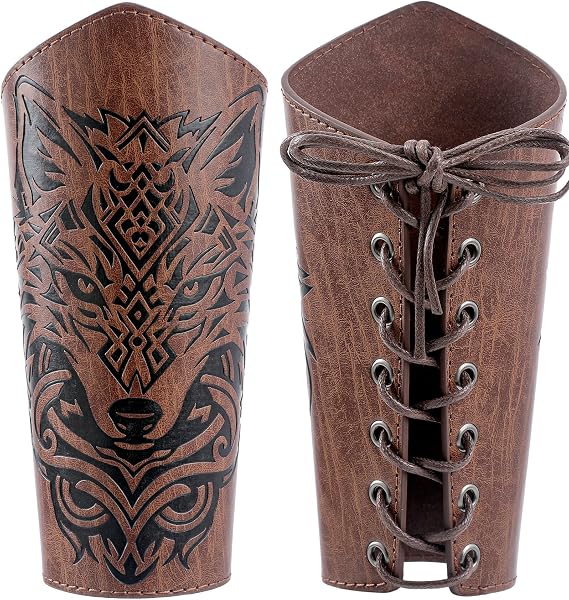 Medieval Viking Leather Bracers - Renaissance Embossed Arm Guards for LARP Halloween Costume Accessories Men Women
