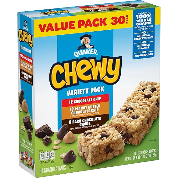 Quaker Chewy Granola Bars, 3 Flavor Variety Pack, 0.84oz Individually Wrapped Bars (30 Pack)