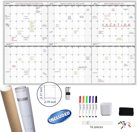 Large Dry Erase Wall Calendar - 60 x 38" Undated Blank 6 Month Calendar - Giant Whiteboard 6 Month Poster - Premium Laminated Undated Planner for Classroom, Office, Project & Family Schedule