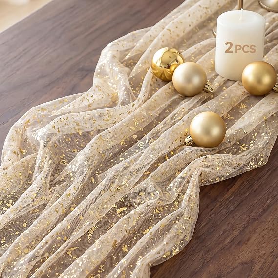FEXIA 2Pcs Fall Gold Table Runner 10FT Gauze Glitter Boho Home Decorations