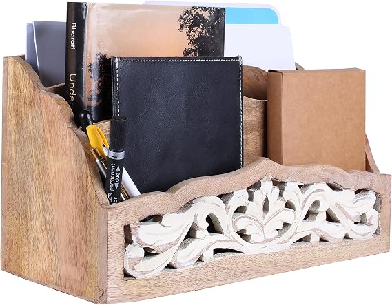 Christmas Gifts Wooden Decorative Desktop Letter Rack Desk Organizer White Wash Distressed Letter Holder - 3 Section Wood Organizer for Office Desk, Kitchen Countertop, Study Table