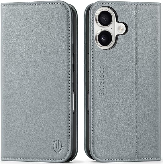 SHIELDON Wallet Case for iPhone 17 6.3-inch 5G 2025 | Genuine Leather, Flip, Magnetic Closure, RFID Blocking 3 Card Holder, Kickstand, Full Protection, Shockproof Soft TPU Cover - Gray