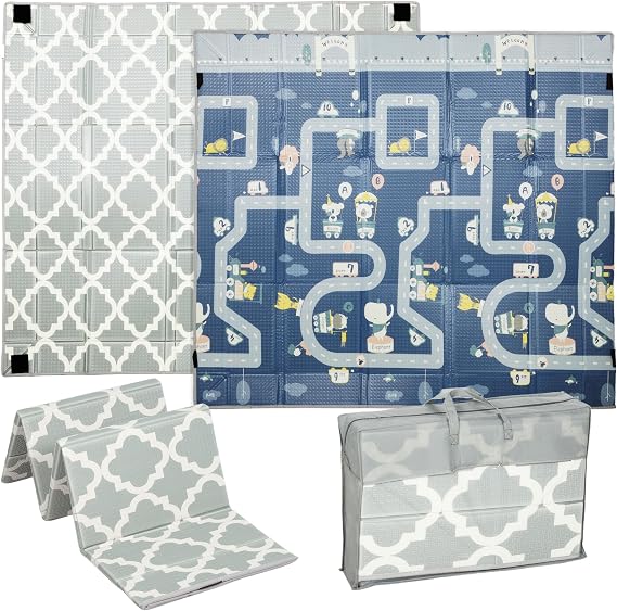 AIYAPLAY Foldable Baby Play Mat Large Traffic and Grey Diamond Theme | Double-Sided, Baby Playpen Floor Mats for Toddlers, Waterproof Foam Playmat, for Playroom and Nursery, 202 x 180.5cm