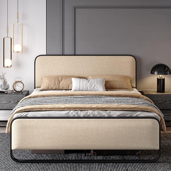 SHA CERLIN Full Size Metal Bed Frame with Upholstered Headboard, Cream | Curved Upholstered Headboard and Footboard, Large Under Bed Storage, No Box Spring Needed