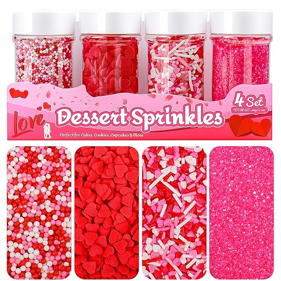 Pink Sprinkles for Baking - Nonpareils Heart Jimmies & Sanding Sugar Mix