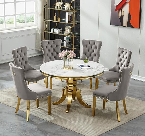 Henf Luxury 7-Piece Round Dining Table Set for 6, Modern Faux Marble Kitchen Table Set with 6 Grey Tufted Chairs, 45" White Gold Large Dinner Table and Chairs Set for Kitchen, Dining Room