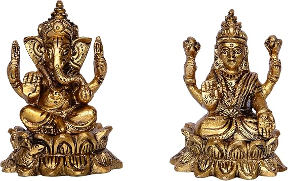 Purpledip Ganesha-Laxmi Statue Sculpted in Solid Brass Metal for Home Temple, Office Table or Shop Puja Mandir Shelf | Hindu Religious Gift (10392)