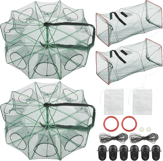 2PCS Fishing Bait Trap Crab Net 10 Holes and 2 PCS Square Crab Crawfish Trap Fishing Trap for Minnow Crawfish Shrimp Crawdad with Rope Large Fishing Net for Bait Fish